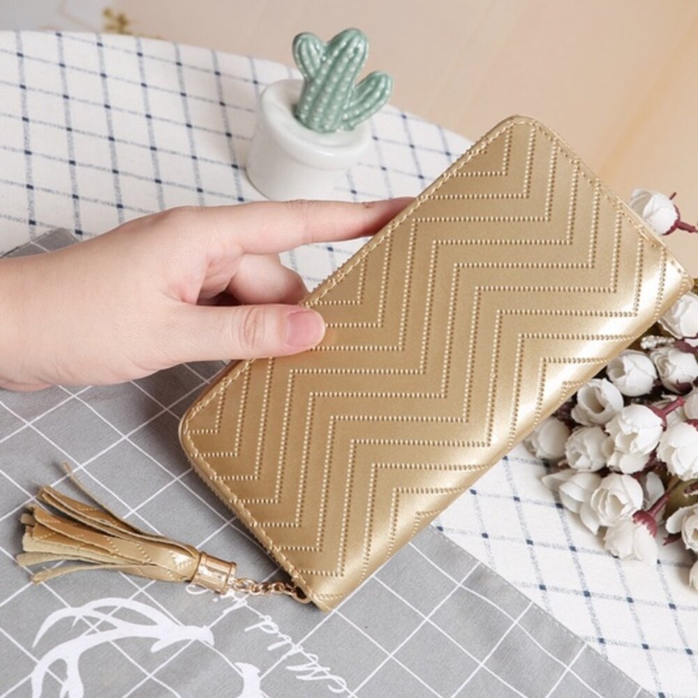 2/$30 Metallic Gold Chevron Quilted Zip Around Wallet Tassel Accessory